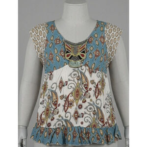 One World Blouse M Multicolor Tunic Flutter Sleeve Embroidered Beaded Boho Chic